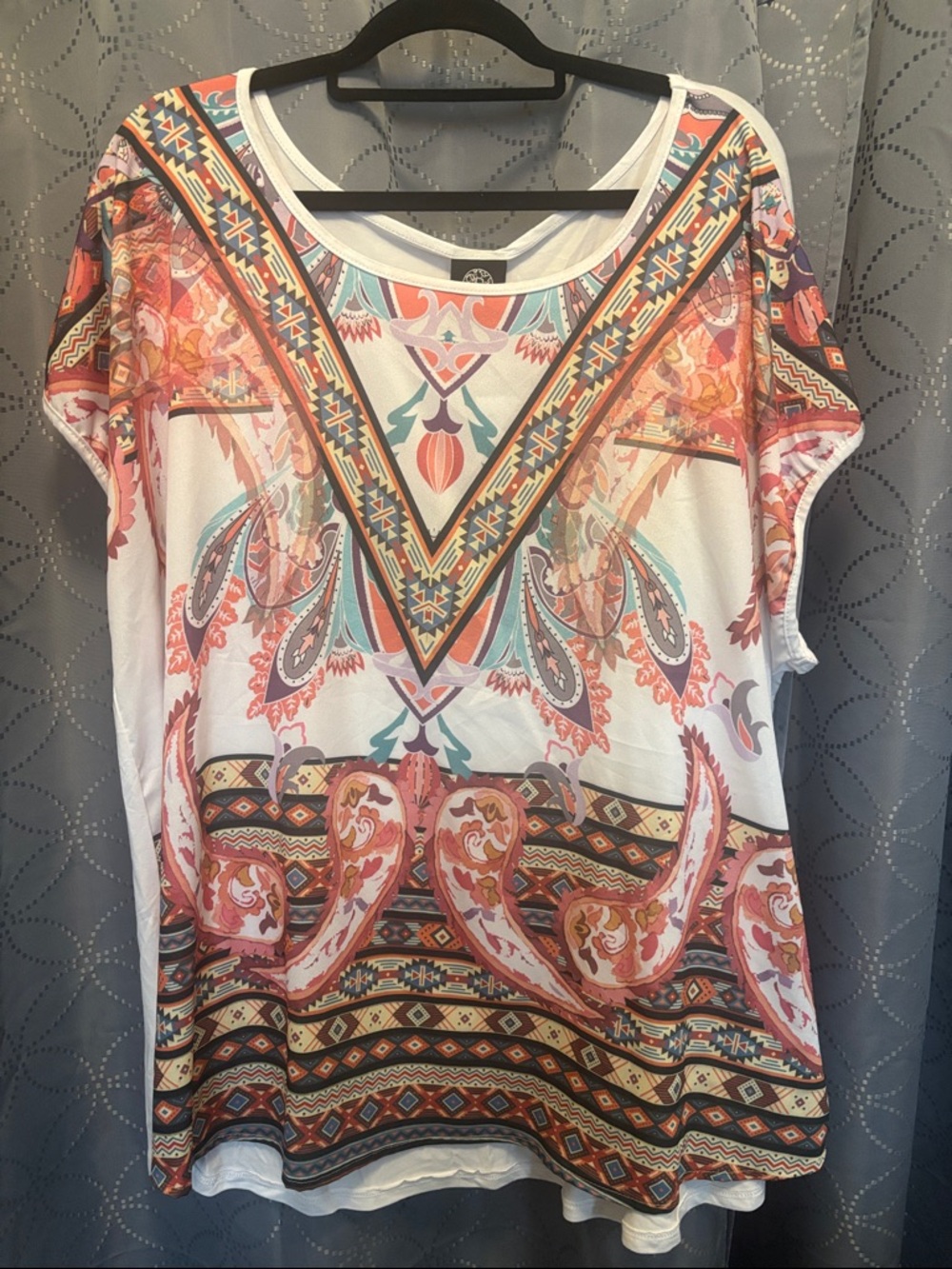 bobeau White Tunic Top with Coral, Teal & Gold Paisley Print